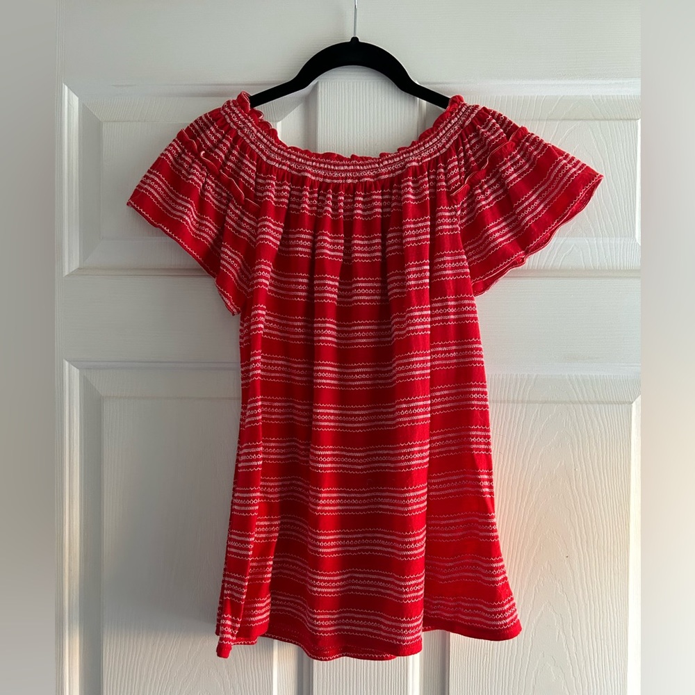 Red short sleeve ruffled blouse with white embroidery